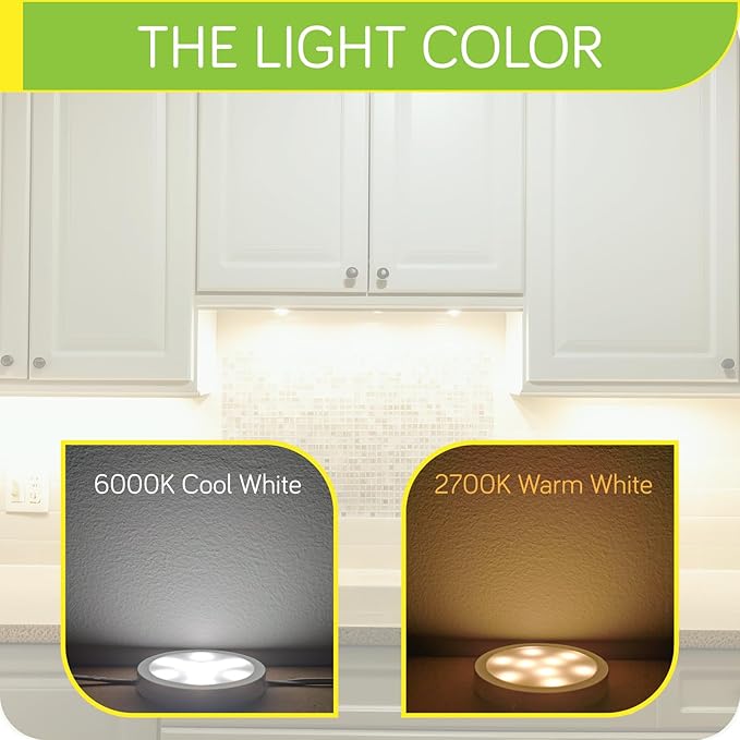 Under Cabinet Lighting, Single LED Puck Light for Kitchen Counter Cabinet Closet Accent Lighting, Rotary Dimmer Switch, 120VAC Plug in, White Cord, Cool White