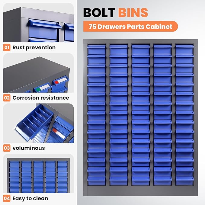 75 Drawers Bolt and Nut Tool Storage Cabinet, Large Capacity Parts Organizer with Label Stickers for Screws, Nuts, and Bolts