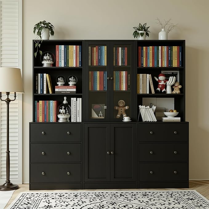 TUSY 71" H Bookshelf Bookcase with Doors, 3-Tier Modern Bookshelves with 3 Large Drawer, Display Bookcase with Glass Doors, Modern 5-Tier Curio Cabinet for Home Office, Dining Room (Black, ABA)