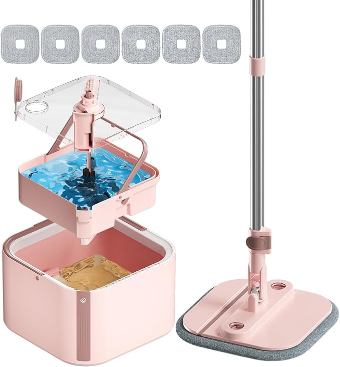 KZKR Square Spin Mop and Bucket Set with Self Separation Dirty and Clean Water System,Self Wringing 360° Rotating Mops Head for Home Floors Cleaning (2.0 mop Bucket Set with 6 Pads)