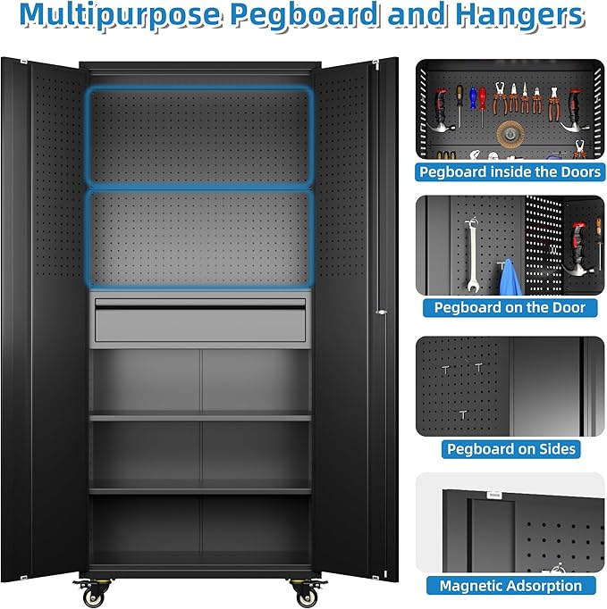 Aobabo 71" H Metal Storage Cabinet with Wheels with 5 Pegboards and 1 Drawer,Lockable Steel Tool Cabinet for Garage,Warehouse,Assembly Required,Black