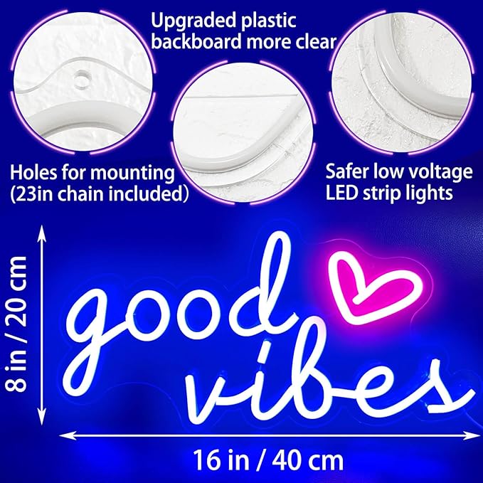 Blue Good Vibes Neon Signs for Wall Decor, Room Decor Aesthetic Good Vibes Neon Light Blue, USB Powered Game LED Sign for Bedroom, Gamer Light up Sign for Christmas Teen Boys Girls Men Cave