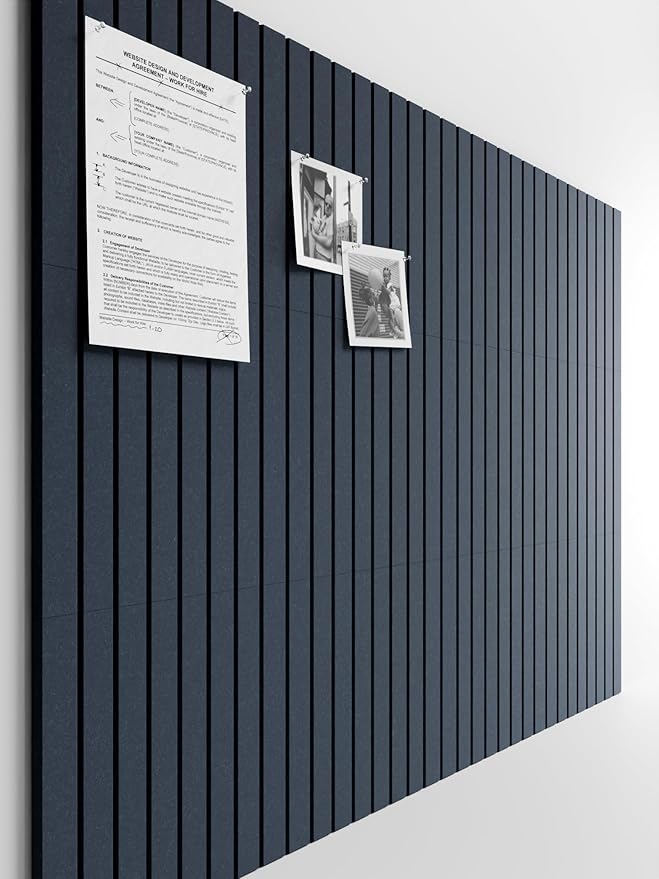 Bumusty Large Cork Board Alternative-47 x35 Felt Bulletin Board, with 30 Pushpins, 70 Adhesive Tabs, 12-Pack Slat Wall Paneling, Cork Boards for Office Push Pin Board Felt Board-Deep Charcoal Blue
