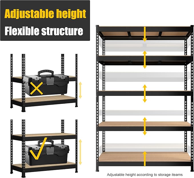 PrimeZone 48" W x 18" D x 72" H Garage Shelving Heavy Duty - Adjustable Metal Storage Shelves, 5 Tier Industrial Shelving Unit, Utility Shelf Rack for Basement, Warehouse, Pantry, Closet, Black