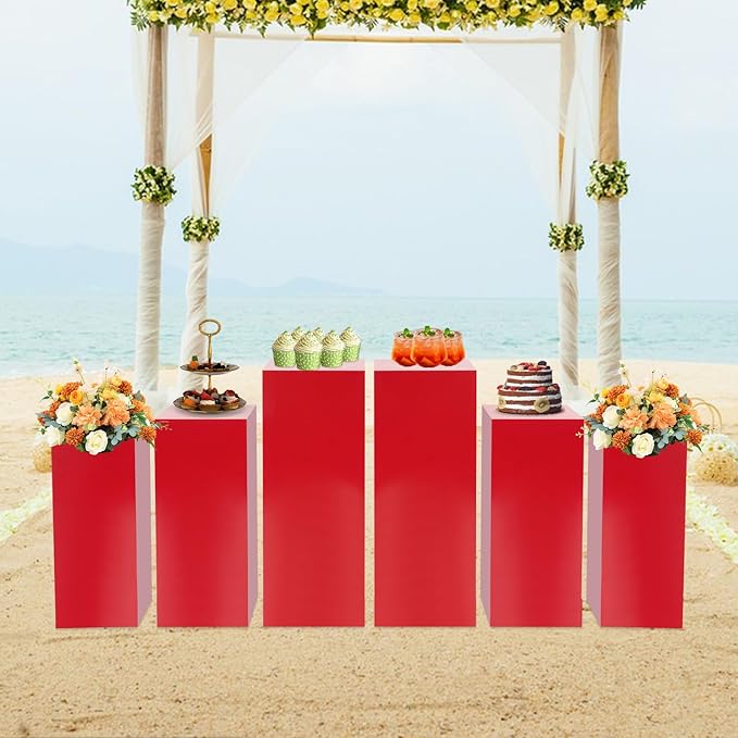 Eapmic Pedestal Stands for Party, Cake Pedestal Stand, Dessert Table Display Plinth Pillars, Sculpture Display Column Decoration Cube for Wedding Birthday (Red, Square-6Pcs(31.49"+25.59"+23.62"))
