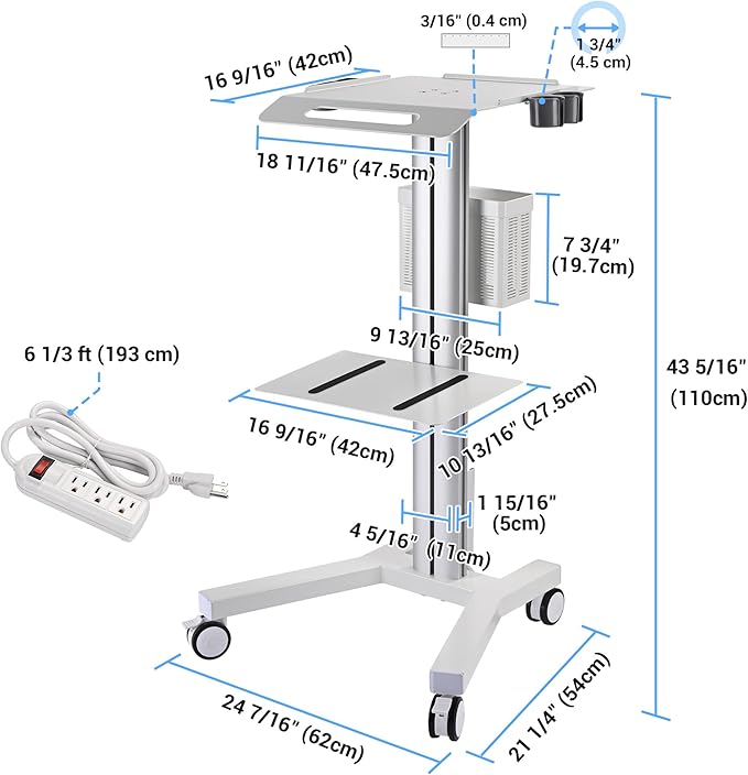 Yescom Medical Mobile Laptop Cart Rolling PC Stand Computer Workstation on Wheels with Handle 220 Lbs Capacity CPU Printer Power Strip Holder for Dentistry Clinic Lap Hospital White
