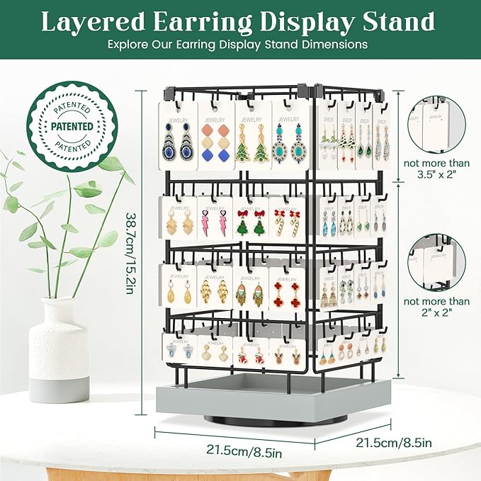 EsLuker.ly Rotating Earring Display Holder Stand for Vendors Events Selling, Large Capacity 64 Hooks Jewelry Rack with Wooden Base for Earring Card Sales, Enhances Retail Visibility (Light Grey)