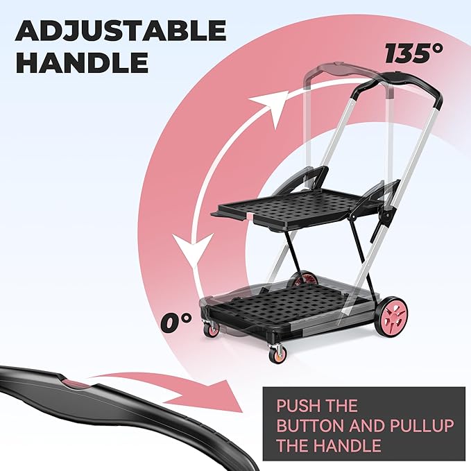 Collapsible Shopping Cart with Wheels, 8-in-1 200LBS Capacity Grocery Cart on Wheels with 2 Storage Crate, Folding Utility Cart for Shopping, Travel, Supermarket, Office, Pink