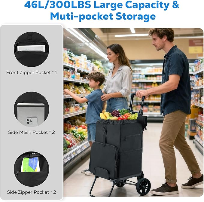 Housolution Foldable Shopping Cart for Groceries, 300LBS Collapsible Portable Grocery Carts on Wheels, 2 in 1 Rolling Hand Truck with Detachable Bag, Folding Utility Cart for Shopping and Travel