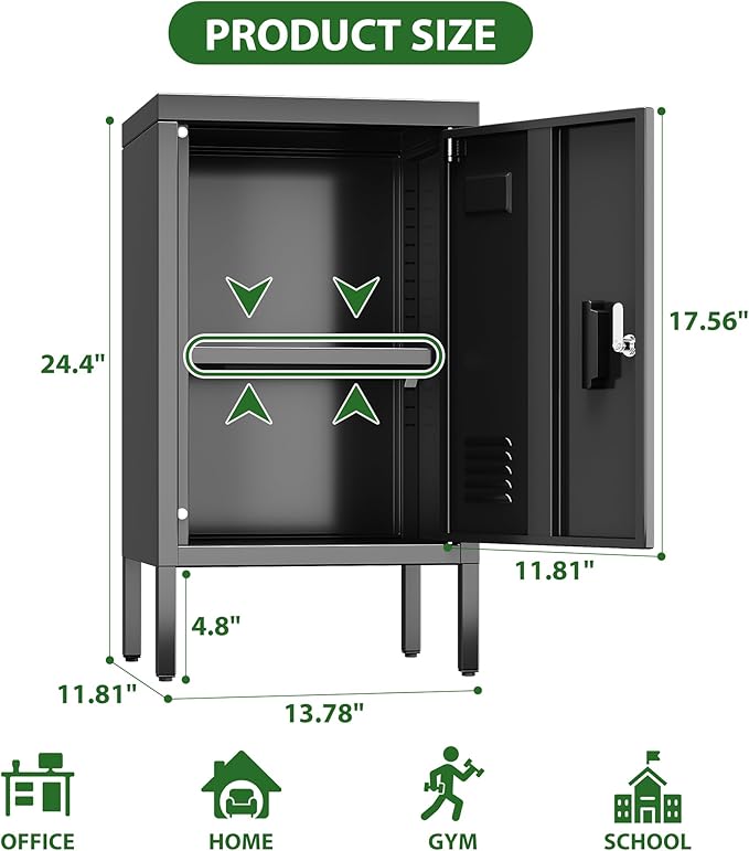 Aobabo 24.4" H Metal Locker Storage Cabinet with 1 Doors, Pantry Storage Cabinet with Adjustable Leveling Foot and Adjustable Shelves, for Kitchen, Employees, Office, Home, Assembly Required, Black