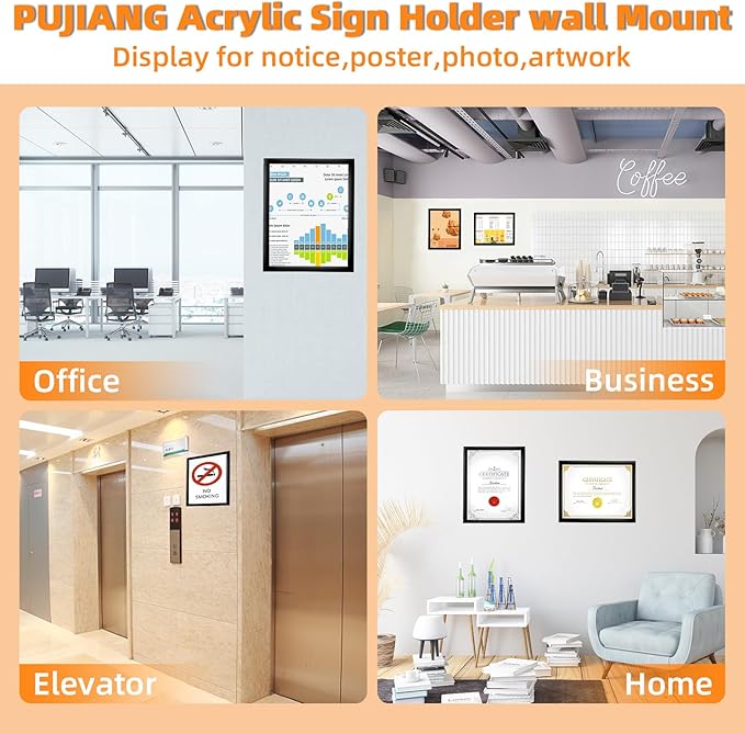 6 Pack Acrylic Sign Holder 8.5x11 Wall Mount,Clear Wall Sign Holder with Tape,Horizontal & Vertical Display,Plastic Sign Holder for Wall Door Glass Window Fridge-No Drilling