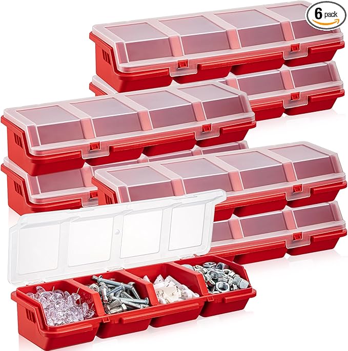 Hushee 6 Pcs Screw Organizer Box with Lid 4 Compartments Tool Bin Divider Plastic Stackable Hardware Organizer Small Part Storage Sorting Screw Box for Garage Workbench Craft Storage (Red)