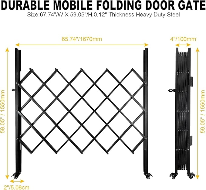 65.35"/W X 59.05" Folding Security Gate,U-Shape Single Folding Door Gate,Flexible Expanding Security Gate with 360° Wheels,Mobile Barricade Safety Barrier