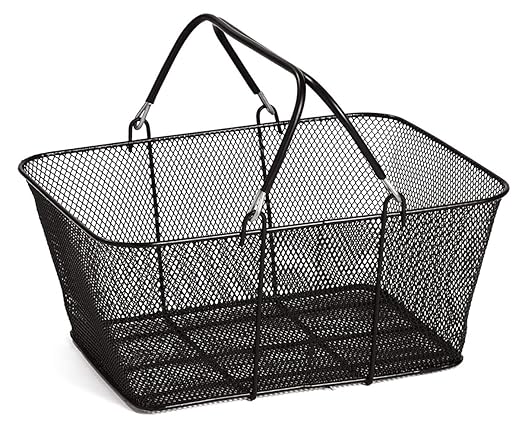 SSWBasics Black Metal Shopping Baskets With Stand and Sign - Set of 12 - Basket Dimension 17"W x 12"D x 7"H - Perfect for Retail, Thrift, Grocery, and Convenience Stores