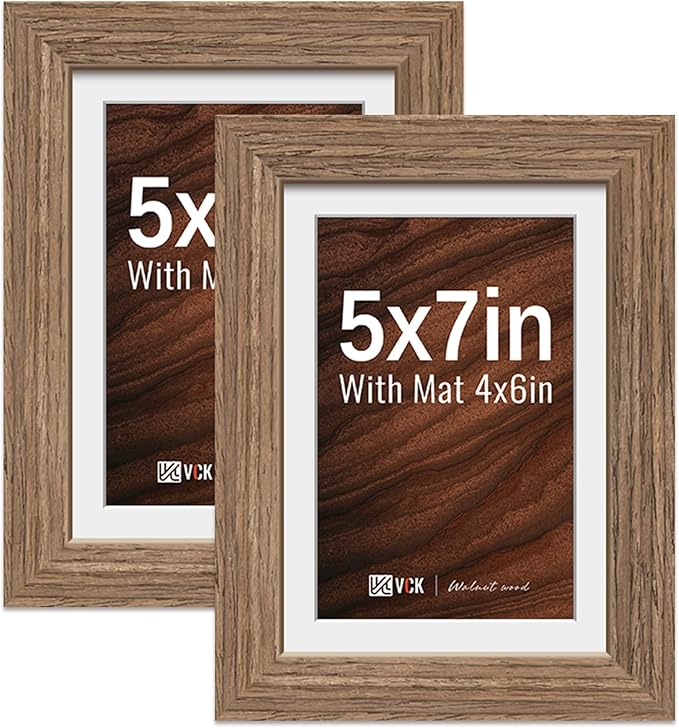 VCK 5x7 Picture Frame 2 Pack - Walnut, High-End Wood Poster Frames with Tempered Glass, Display 4x6 Photo with Mat or 5x7 without Mat, Art Gallery-Quality, Wall Hanging/Tabletop, Walnut