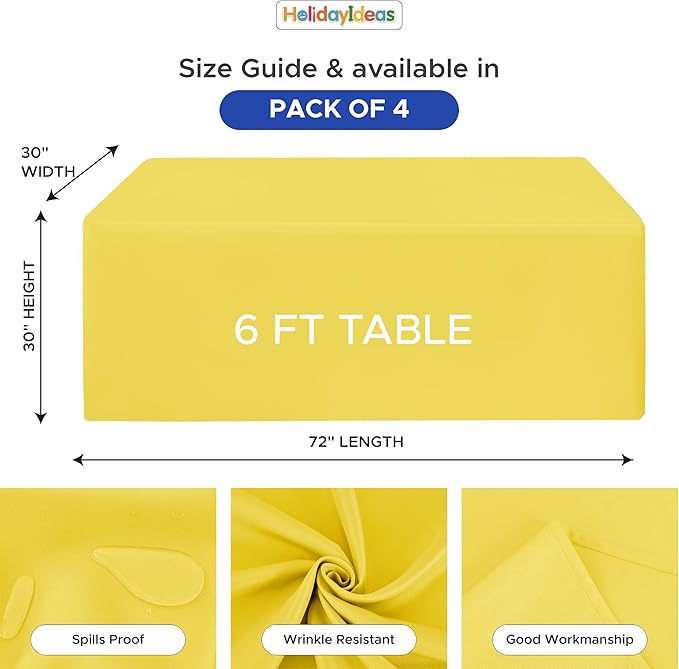 HolidayIdeas Fitted Tablecloths for 6 Foot Rectangle Table, Wrinkle Resistant Washable Table Cover 30x72 Inch for Vendor Booth Display, Banquet, Trade Show, Yellow, 4 Pcs