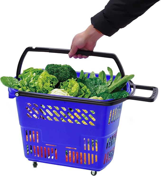 6PCS 35L Rolling Shopping Baskets with Wheels Portable Grocery Basket Set with Handles Plastic Shopping Cart for Supermarkets, Retail Stores, Bookstores (Blue)