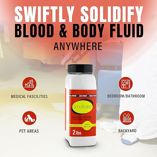 SMELLEZE Blood & Body Fluid Waste Clean Up Super Absorbent, Solidifier & Deodorizer: 2 lb. Granules Absorb Blood, Urine, Diarrhea, Vomit, Body Fluids & Other Water Based Bio Waste in Seconds