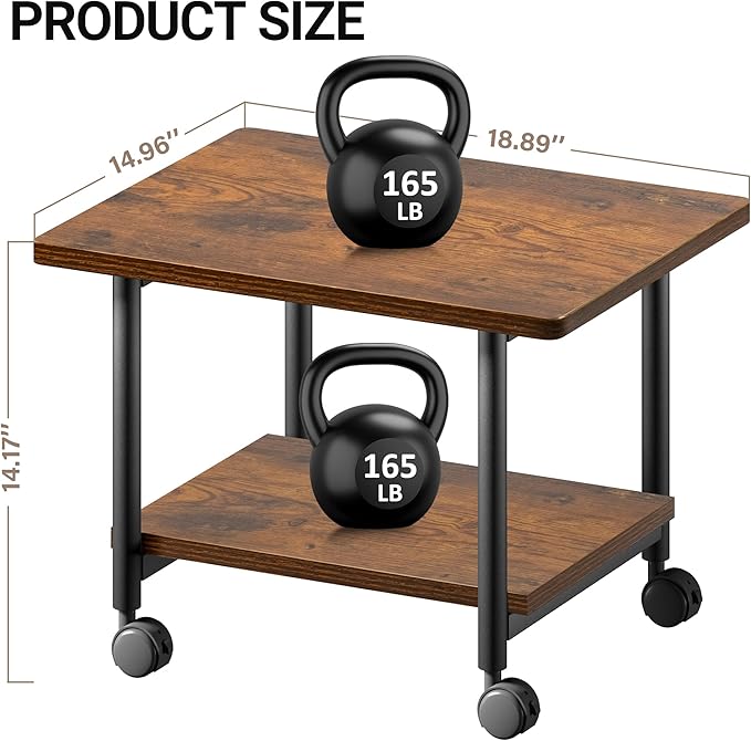 Under Desk Printer Stand - 2-Tier Industrial Mobile Printer Table with Storage Shelf, Heavy Duty Wood Rolling Printer Cart with Wheels for Home and Office,Rustic Brown
