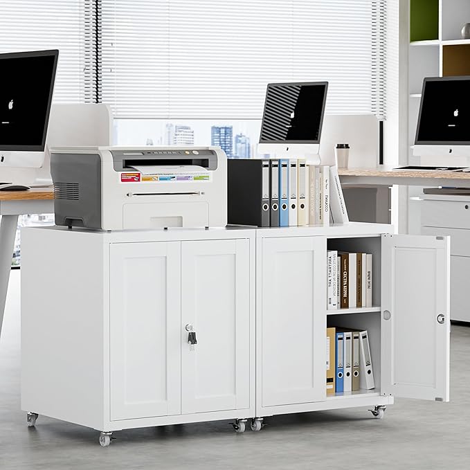 Large Printer Stand with Storage and Lock, 3D Heavy-Duty Printer Cabinet, Printer Table for Home Office with Doors and Adjustable Shelves, for Office Copier and Fax Machine, White