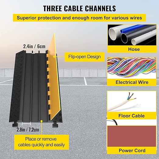 VEVOR 3-Channel Rubber Cable Protector Ramps Heavy Duty 44000Lbs Load Capacity Cable Wire Floor Cord Cover Ramp Speed Bump Driveway Hose Cable Ramp Protective Cover