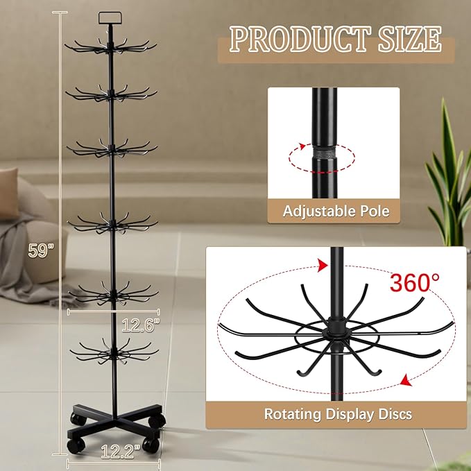 Retail Display Stand Store Display Rack 6 Tier Metal Spinning Display Stand Rack with Wheels Keychain Jewelry Stocking Hat Stand with Hooks for Malls, Showroom, Retail Store (6 Tier Black)
