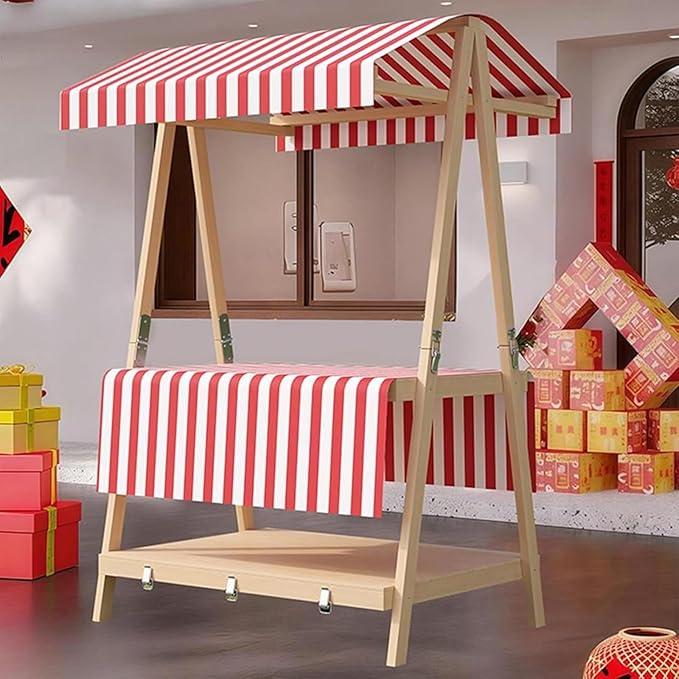 Movable Stall Display Stand, Foldable Vending Stand Kiosk Display Trolley with Canopy, Portable Food Cart, for Selling Snacks/Sweets/Toys, Multiple Colors(Red A,140 * 190cm)