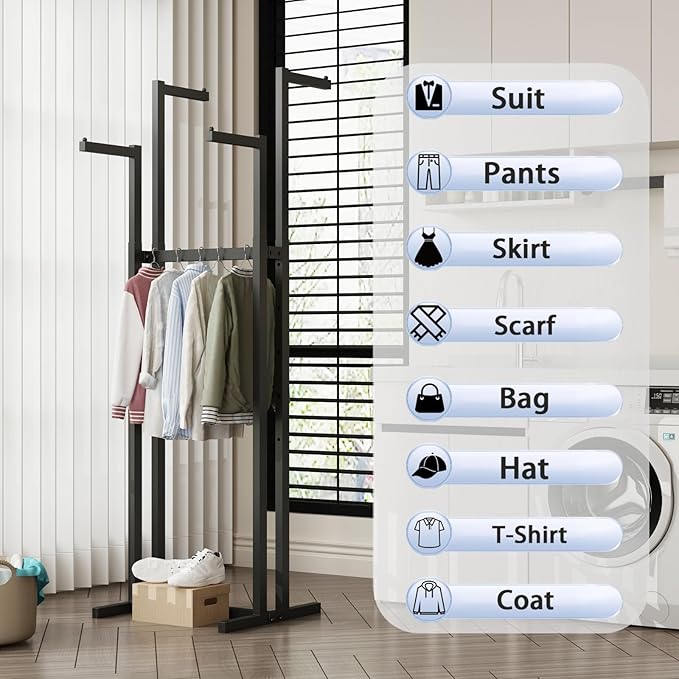 Black Clothes Racks with 4 Straight Arms, Metal Clothing Rack for Hanging Clothes, Freestanding Garment Rack Heavy Duty, 46" to 63" Adjustable Height Retail Clothing Rack for Boutiques Display