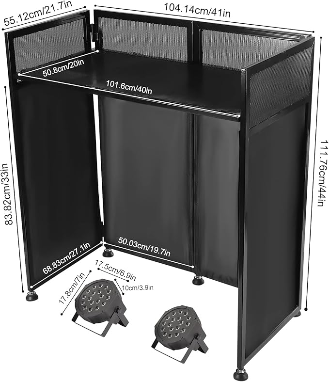 DJ Booth DJ Facade Table Station 82.7x44inch DJ Facade Booth Adjustable Height DJ Stand Foldable Metal Frame DJ Booth Panel DJ Controller Stand with 2LED 7Color Lights 2Scrims and Carrying Bag