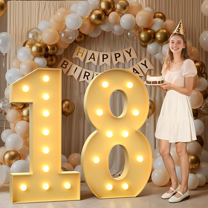 4FT Marquee Numbers 18, Large Light up Number 18 for Birthday Party Supplies, Sign, Backdrop, Happy 18th Birthday Decorations for 18 Years Old