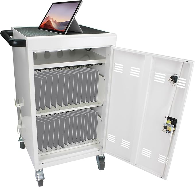 Laptop and Tablet Charging Cart, 32 Unit Device Mobile Charging Station for Chromebook, Tablet, Laptop, with Charging Port Screen Size Up to 16.3", Suitable for Office, Classroom, etc (Antique White)