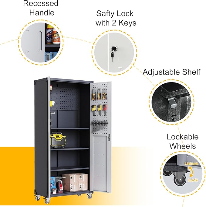 71"H Metal Storage Cabinet with Wheels, Tall Rolling Garage Cabinet with 3 Adjustable Shelves & Locking Doors & Pegboards, Heavy-Duty Tool Cabinet for Home Office, Workshop, Warehouse, Grey