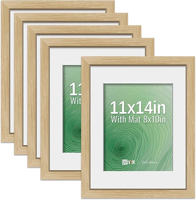 VCK 11x14 Picture Frame 5 Pack - Natural Oak, High-End Wood Poster Frames with Tempered Glass, Display 8x10 Photo with Mat or 11x14 without Mat, Art Gallery-Quality, Wall Hanging, Natural Oak
