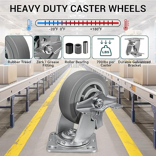 5'' × 2'' Caster Wheels, Heavy Duty Industrial Casters Set of 4 Rubber Wheels, Load 2800lbs Capacity, Swivel Caster for Cart Dolly Toolbox Trolley (4 Brake)