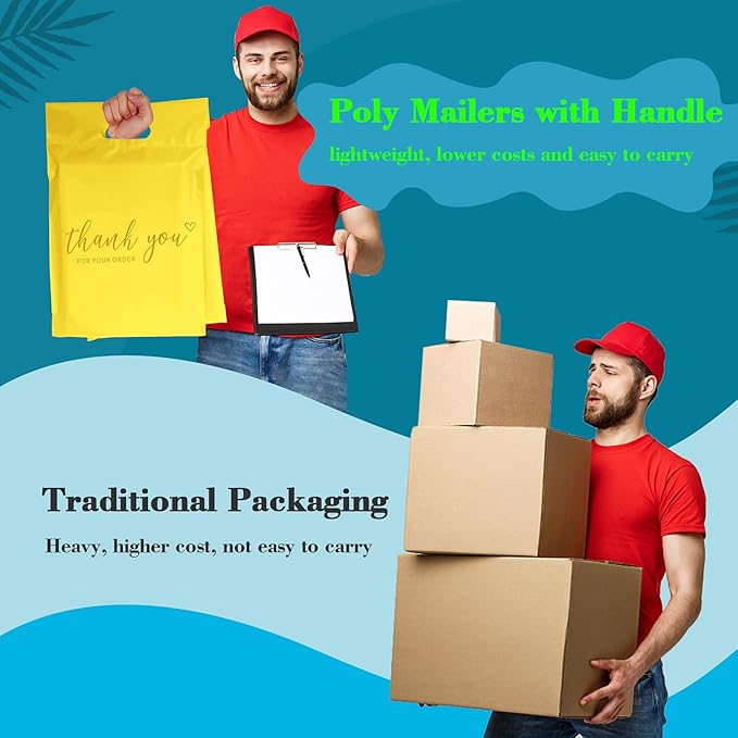 JinRuiKJ Poly Mailers with Handle 10x13 Inch 25 Pcs, Easy to Carry Packaging Bags for Small Business, Thank You Shipping Bags with Self Adhesive Strip, Tearproof and Waterproof - Yellow