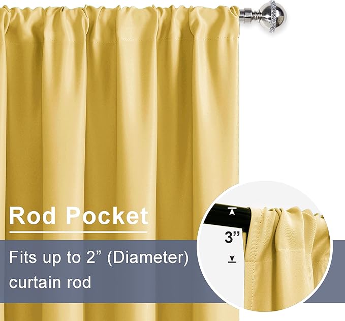 JIUZHEN Blackout Curtains for Bedroom– Thermal Insulated,Noise Reducing Room Darkening Privacy Drapes for Living Room, Set of 2 Panels with Tiebacks, 42 x 72 inch Long, Light Yellow