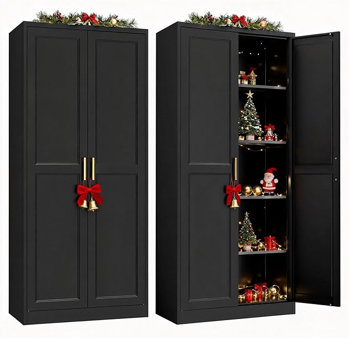 Kitchen Pantry Cabinet,71”Black Metal Pantry Storage Cabinet with Doors and 4 Adjustable Shelves,Kitchen Cabinet with 2 Gold Handles,Tall Cabinet for Livingroom,Pantry, Bathroom