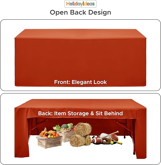 HolidayIdeas 4 Pack 3-Sided Christmas Fitted Tablecloth for 6ft Tables, Open Back Rust Table Cover for Vendor Booth Display, Craft Fair, Trade Show, Allows Seating & Easy Access Storage