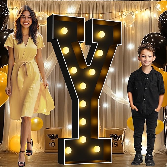 Pooqla 4 FT Marquee Light Up Letters, Giant LED Sign Black Marquee Letter Lights 4 Feet Tall, Big Mosaic Letters for Balloons Birthday Party Anniversary Wedding Decorations, Warm White Y
