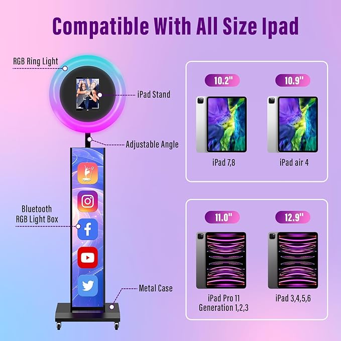 JIYANG Portable Photo Booth Compatible with Ipad 10.2-13inch,Photo Booth Machine with CHACKTOK APP Control,Photobooth VIP,Music Sync,Free Custom Logo,Light Box Honeycomb Case(Black)