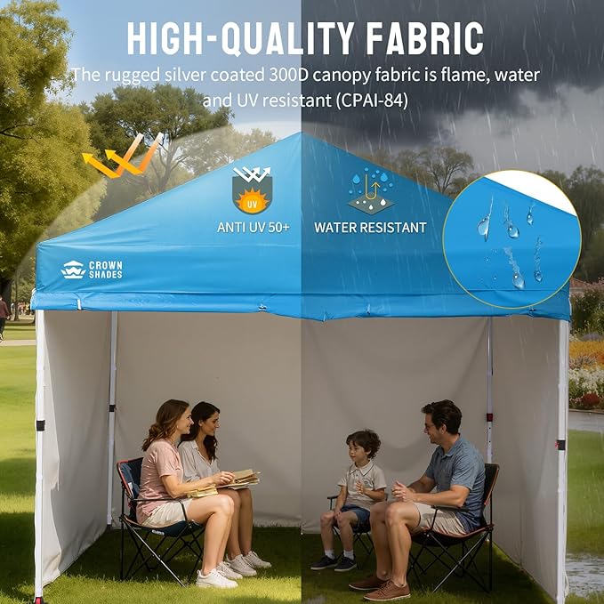 CROWN SHADES 10X10 Comercial Instant Canopy Pop Up Tent with Center Lock, 300D Fabric, 4 Sidewalls, Sto'N Go Bag, Sky Blue