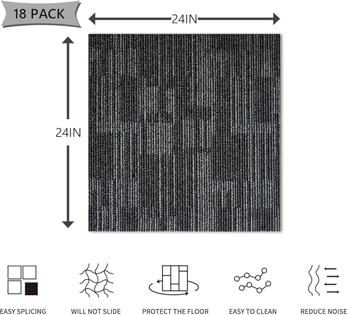 Carpet Tiles 24"x 24" Squares Carpet Reusable,18 Tiles, Non Slip Easy DIY Installation Seamless Floor Tiles Rug for Bedroom Living Room Office etc