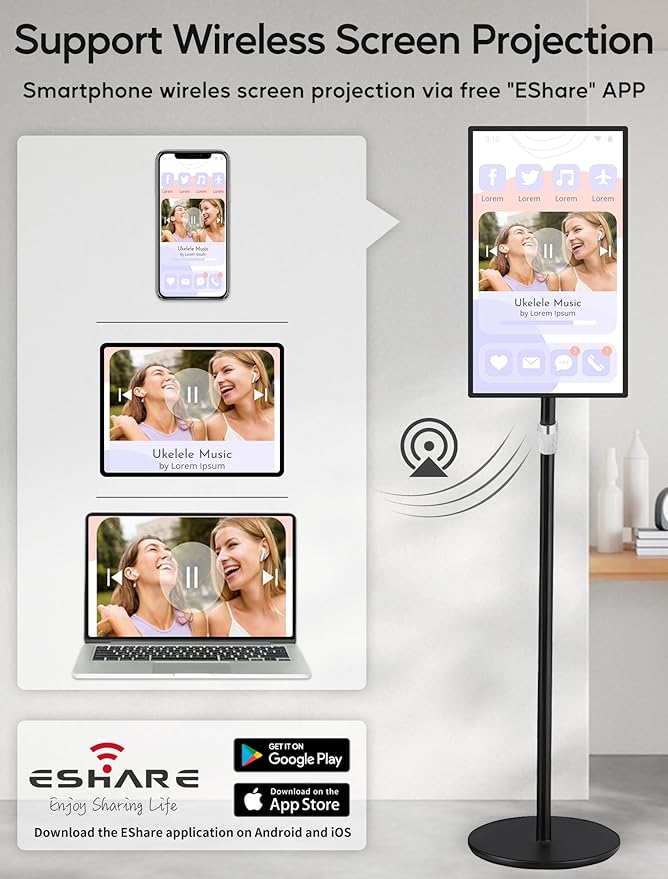 15.6" Digital Signage Capacitive Touchscreen Advertising Display with Adjustable Stand, 10000mAh Battery, Android 11 Commercial LCD Monitor with Auto Play, Wireless Screen Mirroring, 4+64GB