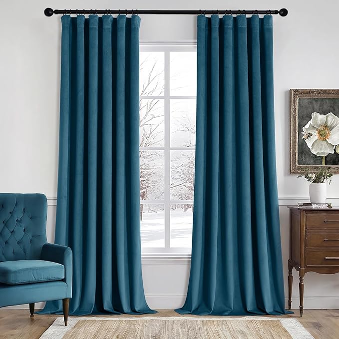 MIULEE Velvet Curtains 96 Inches Long 2 Panels Set for Bedroom, Pinch Pleat Back Tab Thermal Insulated Living Room Darkening Drapes Pleated Blackout Floor to Ceiling Curtains with Hooks, Peacock Blue