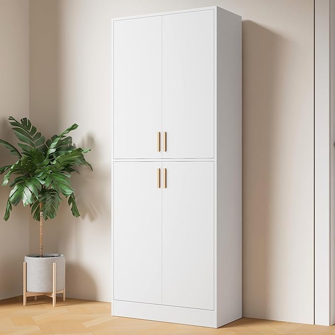 Cozy Castle Kitchen Pantry Cabinet, 71" Tall Wood Storage Cabinet with Doors and Shelves 4 Doors Freestanding Cupboard for Dining Room Living Room Bathroom Furniture, White