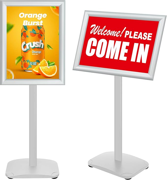 Heavy Duty Standing Sign Holder 11x17 Inch - Pedestal Floor Sign Stand with Weighted Base - Vertical & Horizontal View Poster/Menu Holder for Indoor/Outdoor Business Store Advertising, Silver