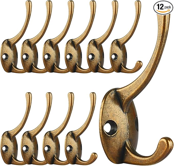 IBosins 12 Pack Antique Brass Coat Hooks Wall Mounted with 24 Screws Retro Double Hooks Utility Antique Brass Hooks for Coat, Scarf, Bag, Towel, Key, Cap, Cup, Hat
