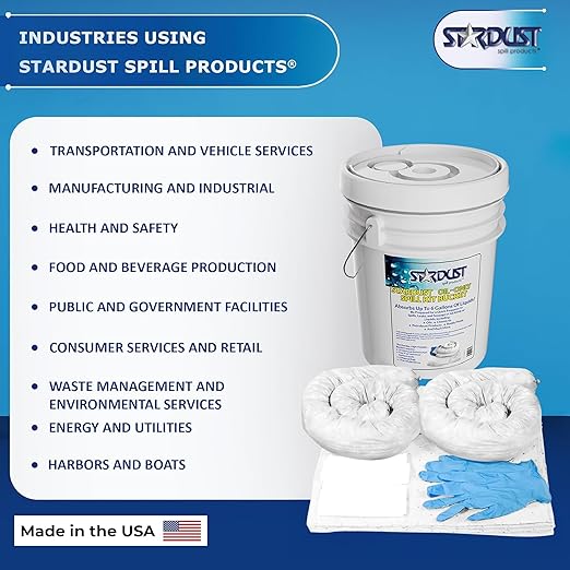 Stardust Spill Products D905P Oil Spill Kit OSHA Approved with Portable Bucket, (15) Oil Absorbent Pads, (2) 3"x4' Absorbent Socks, (4) Disposal Bags & Nitrile Gloves Oil Spill Kit for Fast Response