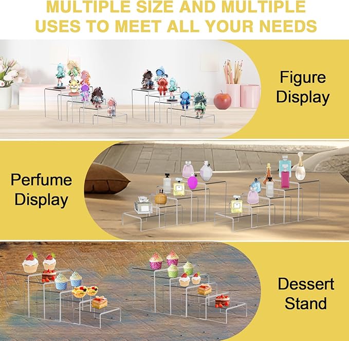 10 Pcs Acrylic Display Risers, 2 Sets Small Size Acrylic Risers Display Stands, 0.15" Thick Clear Shelf Riser, Risers Display Stands for Dessert, Candy, Figure, Perfume, Jewelry Showcase