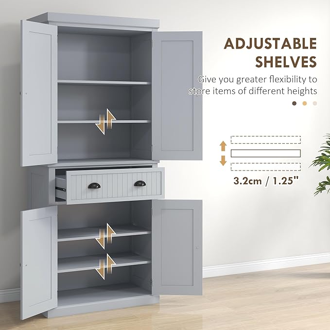 HOMCOM 72" Traditional Kitchen Pantry Cabinet, Freestanding Tall Storage Cabinet with 4 Doors, Drawer and 3 Adjustable Shelves for Dining Room, Gray